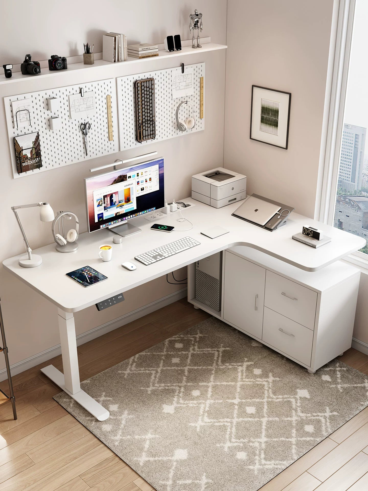 Premium dual-motor L-shaped standing desk with integrated drawer cabinet