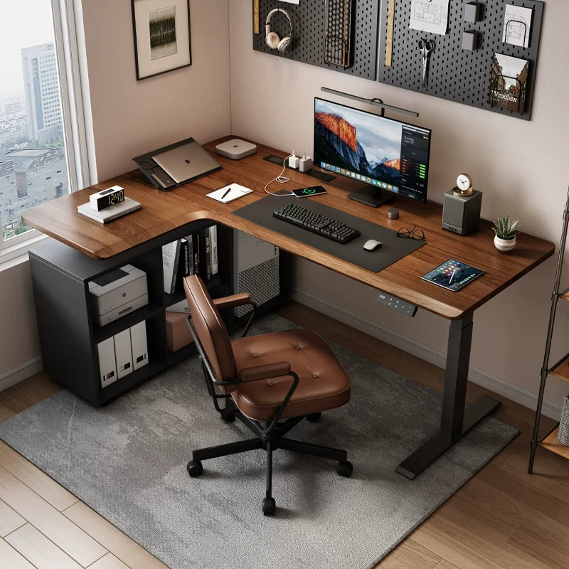 Solid wood L-shaped electric standing desk workstation in a modern home office