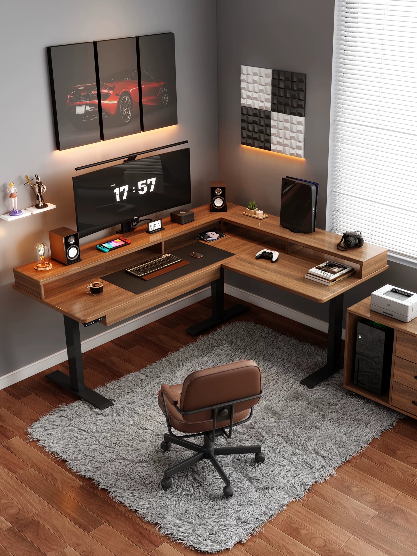 Walnut solid wood triple-motor L-shaped electric standing desk