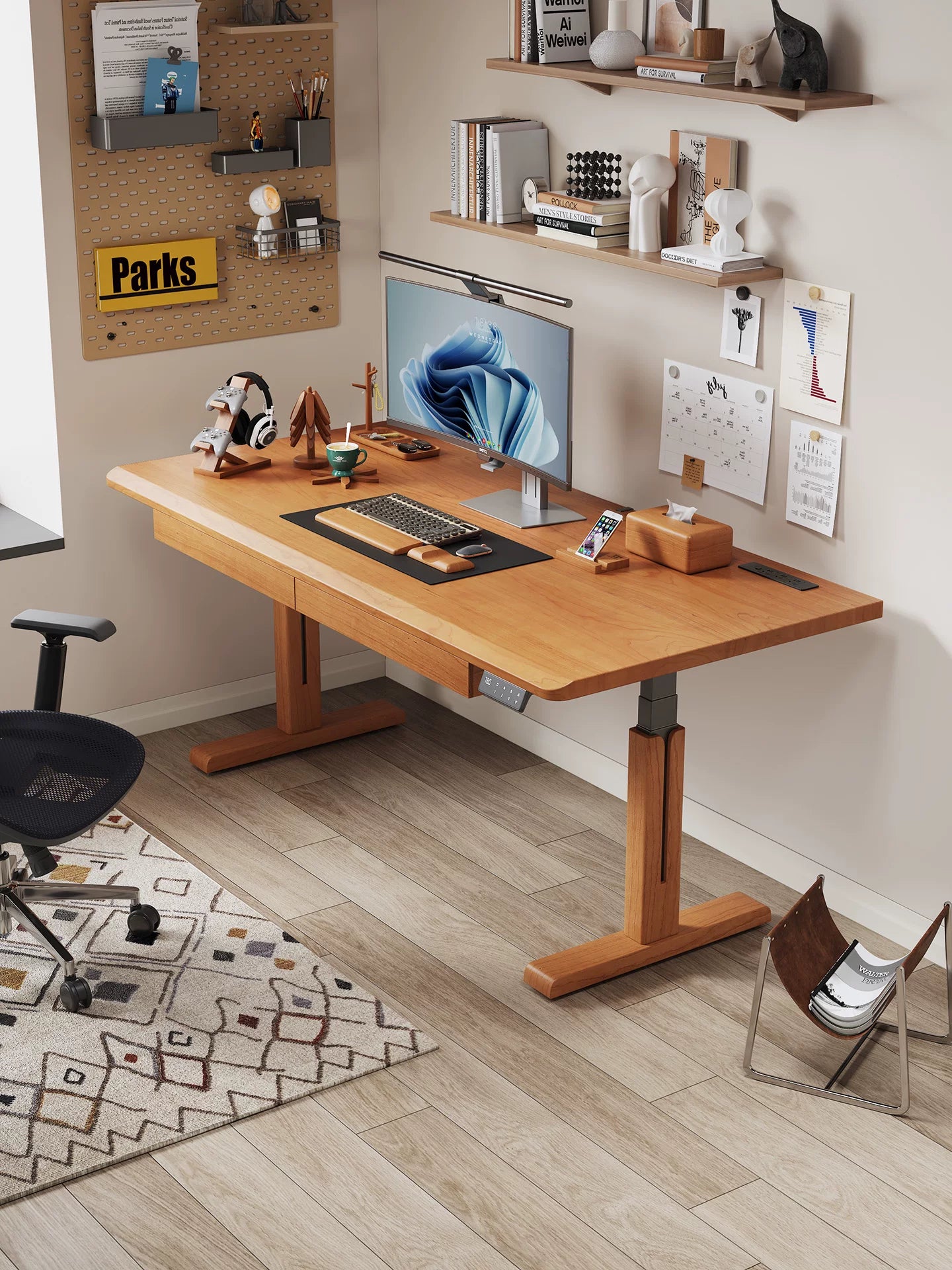 M2 solid wood dual-motor standing desk in a modern office
