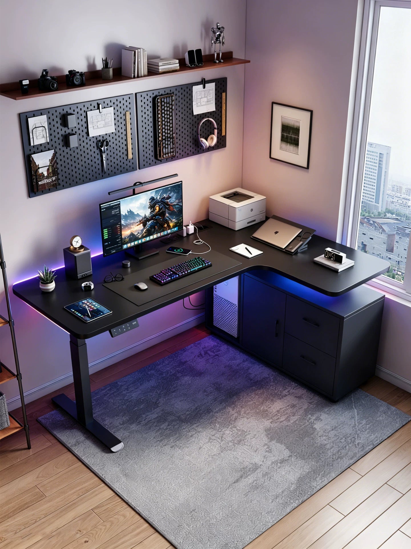 Black solid wood L-shaped electric standing desk with drawer cabinet