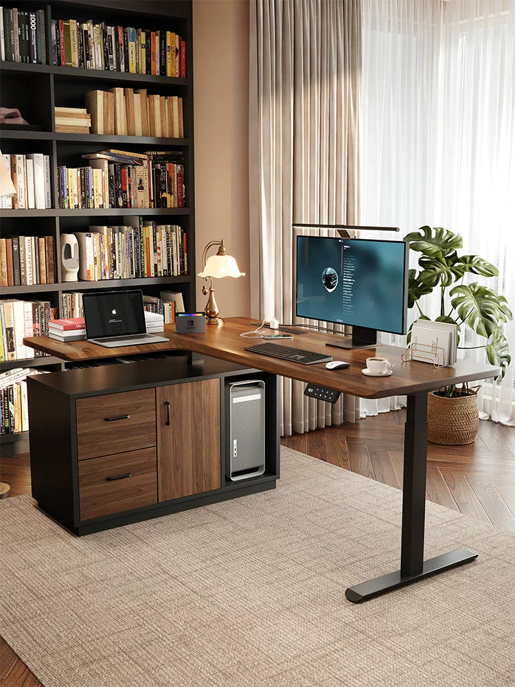 Configurable L-shaped electric standing desk in a modern office