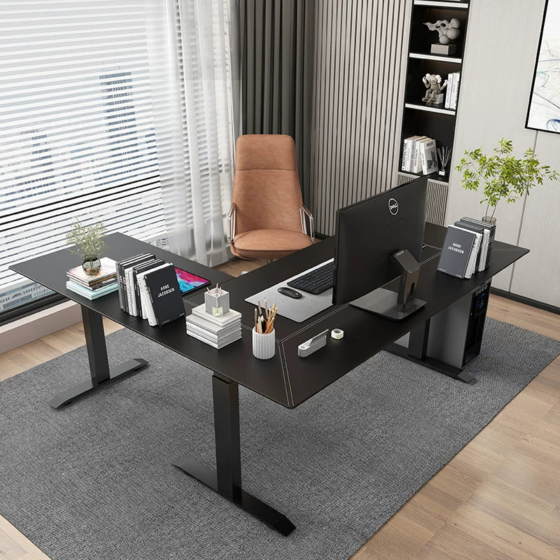 Black saddle leather L-shaped electric standing desk in an executive office