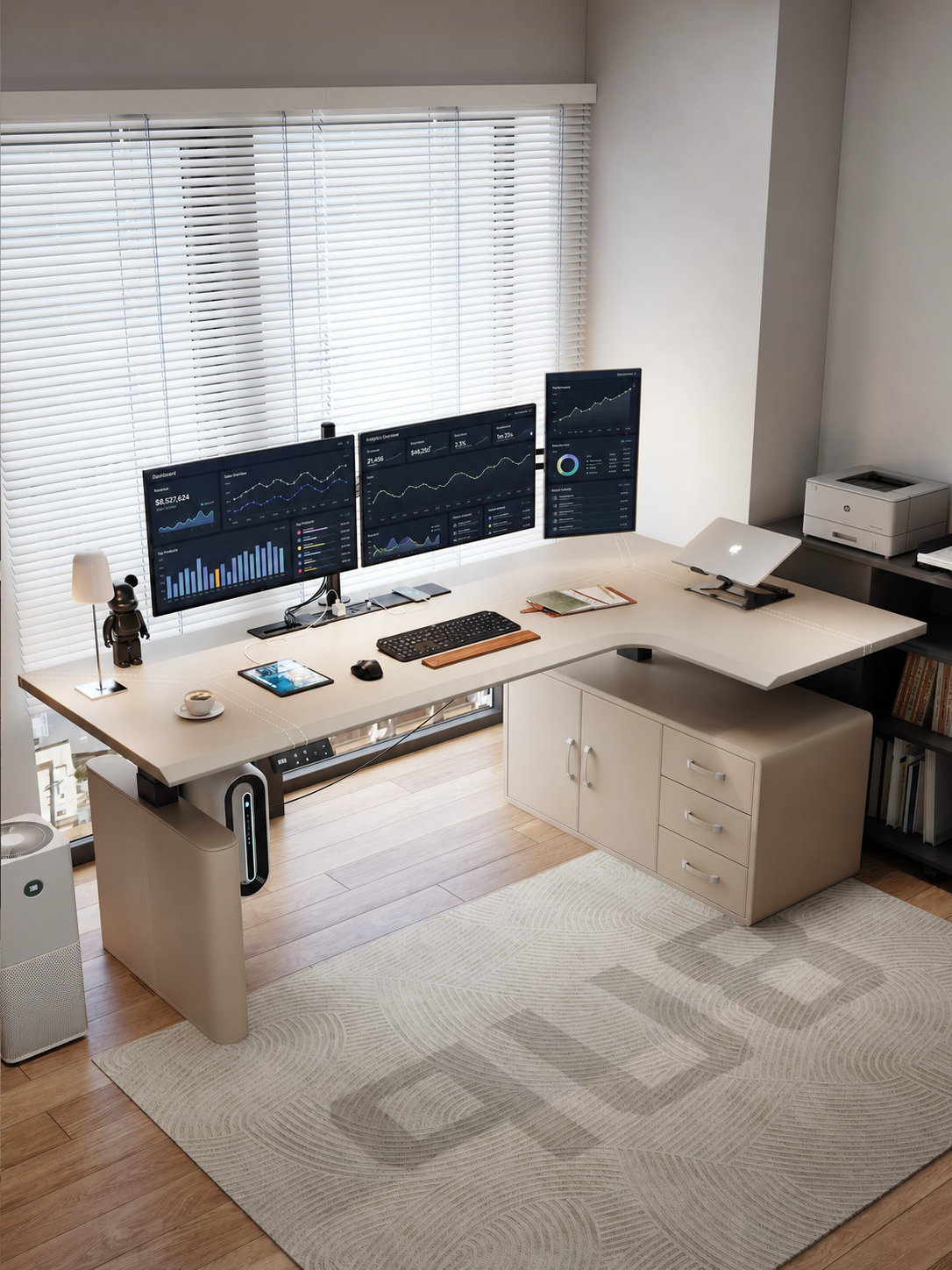 Beige saddle leather L-shaped electric standing desk with drawer cabinet