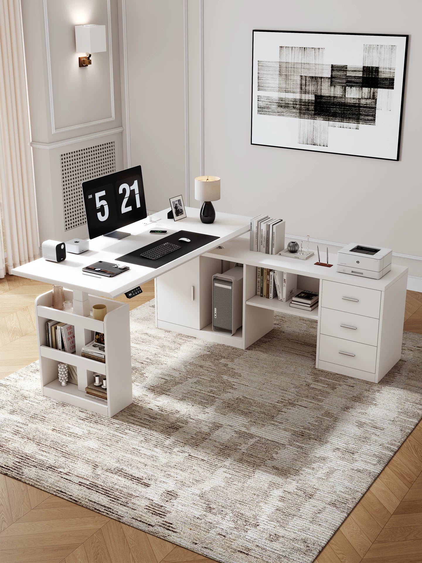 White L-shaped electric standing desk with solid wood cabinet
