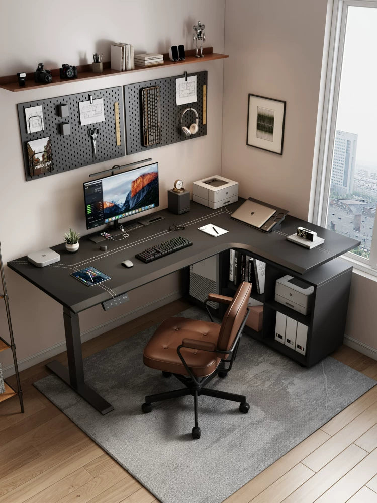Configurable L-shaped electric standing desk with integrated storage
