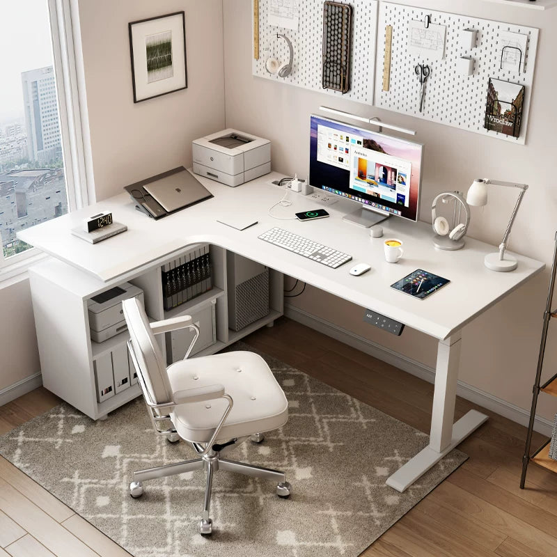 Custom saddle leather L-shaped electric standing desk with six-cubby storage