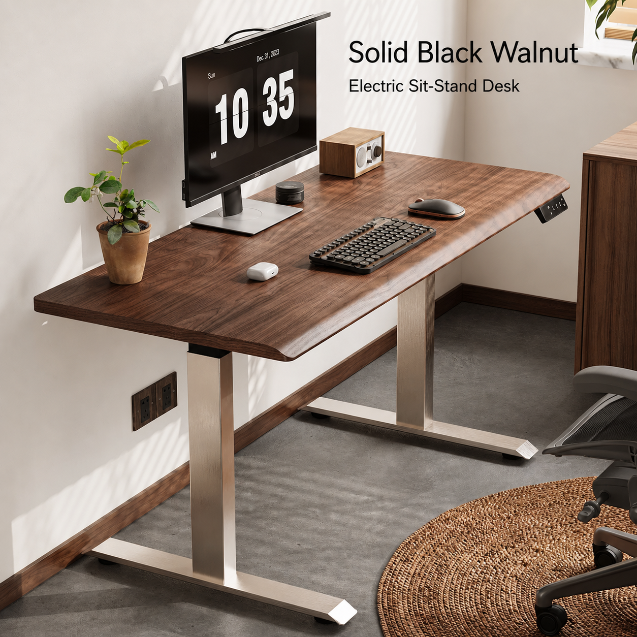 Solid Black Walnut Stainless-Look Electric Standing Desk solid black walnut desktop view