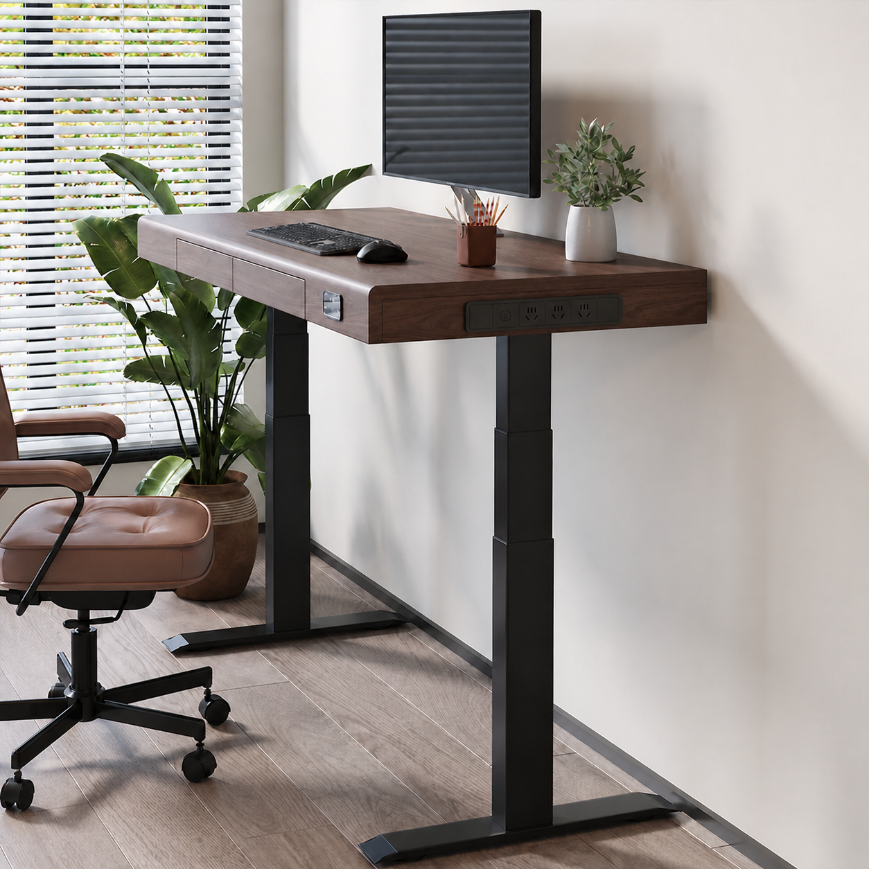 Solid Wood Dual-Motor Standing Desk with Drawers and Side Power raised standing-height view