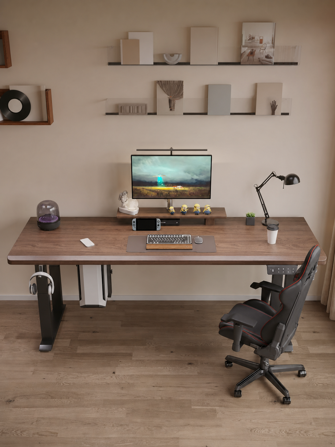Height-adjustable solid wood desk with four-leg frame