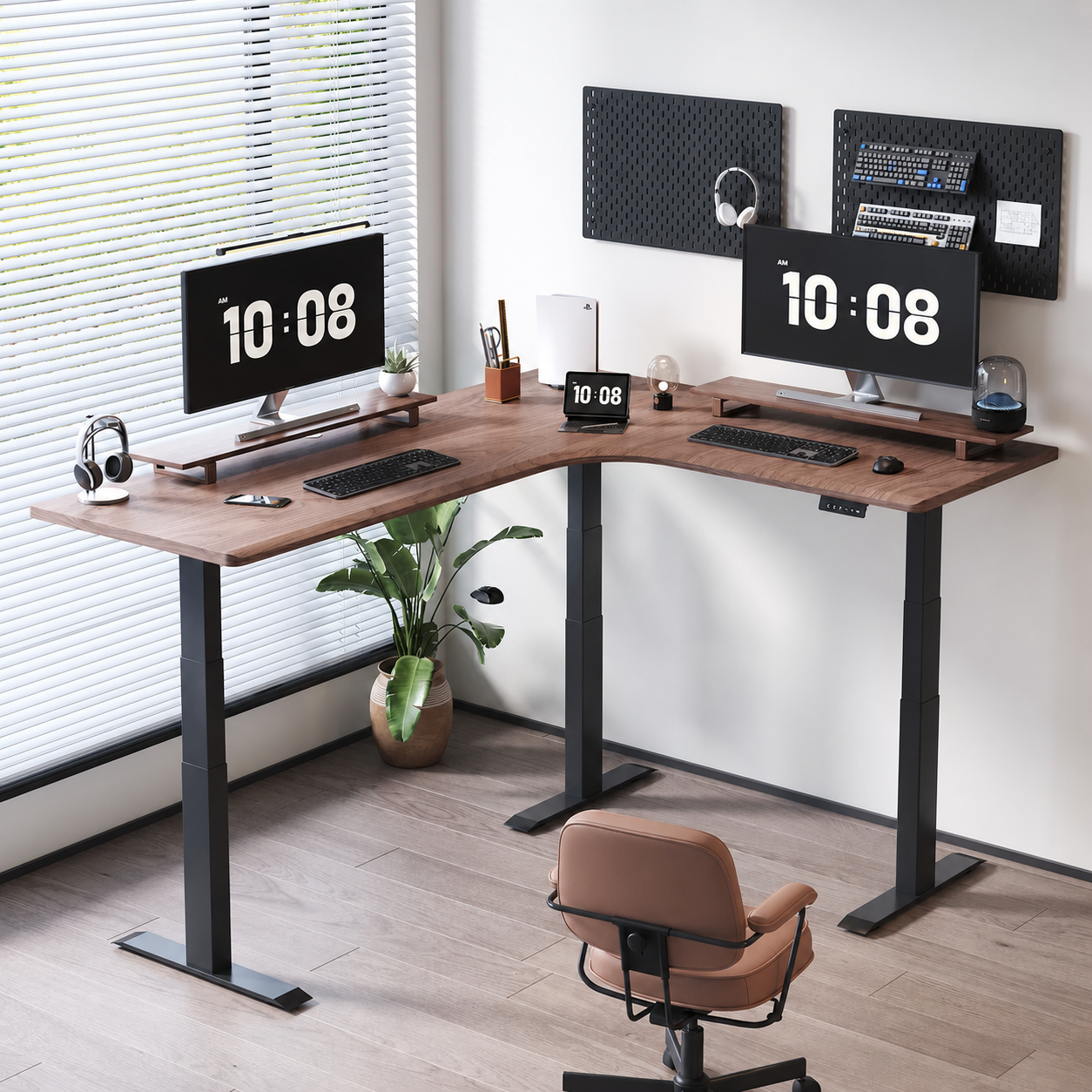 L-shaped electric standing desk with corner workspace