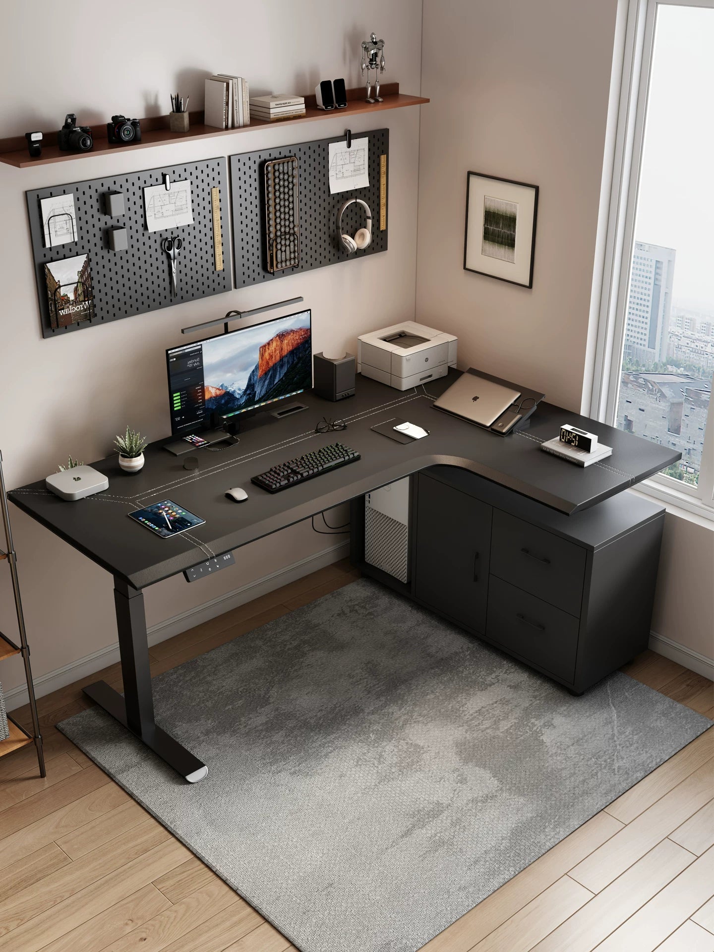 L-shaped electric standing desk in a modern executive workspace