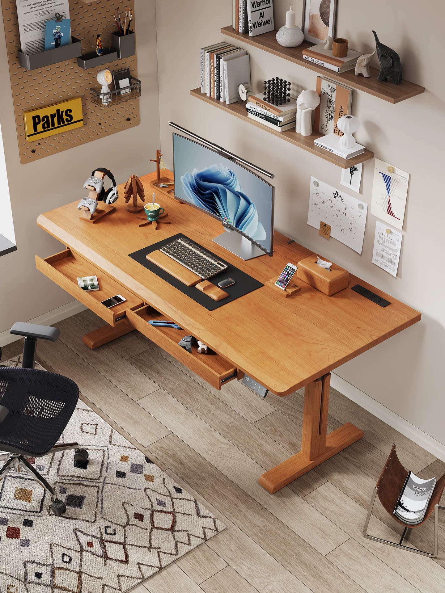 M2 standing desk workspace with integrated drawer storage