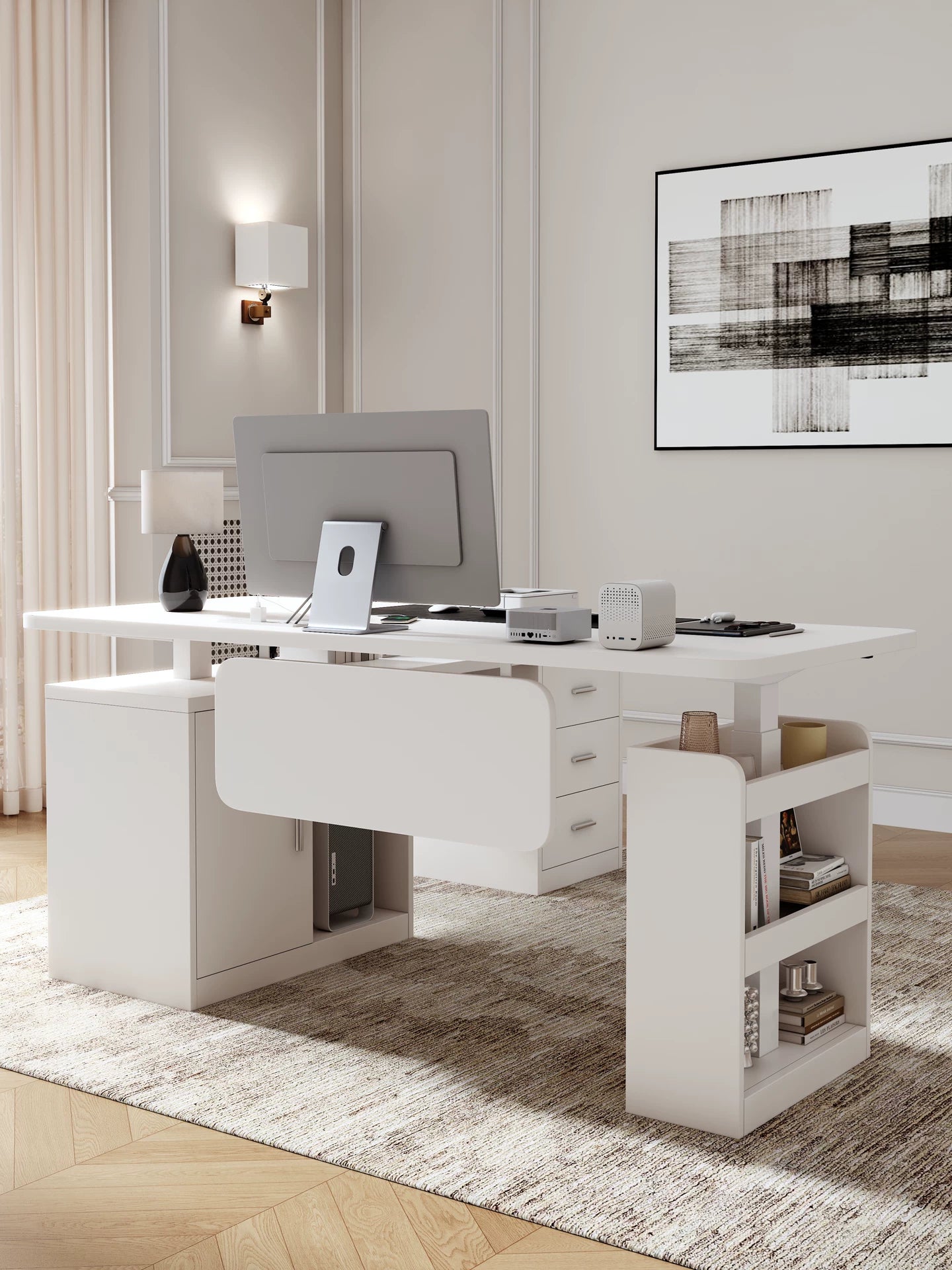 Back view of a white executive standing desk with cabinet