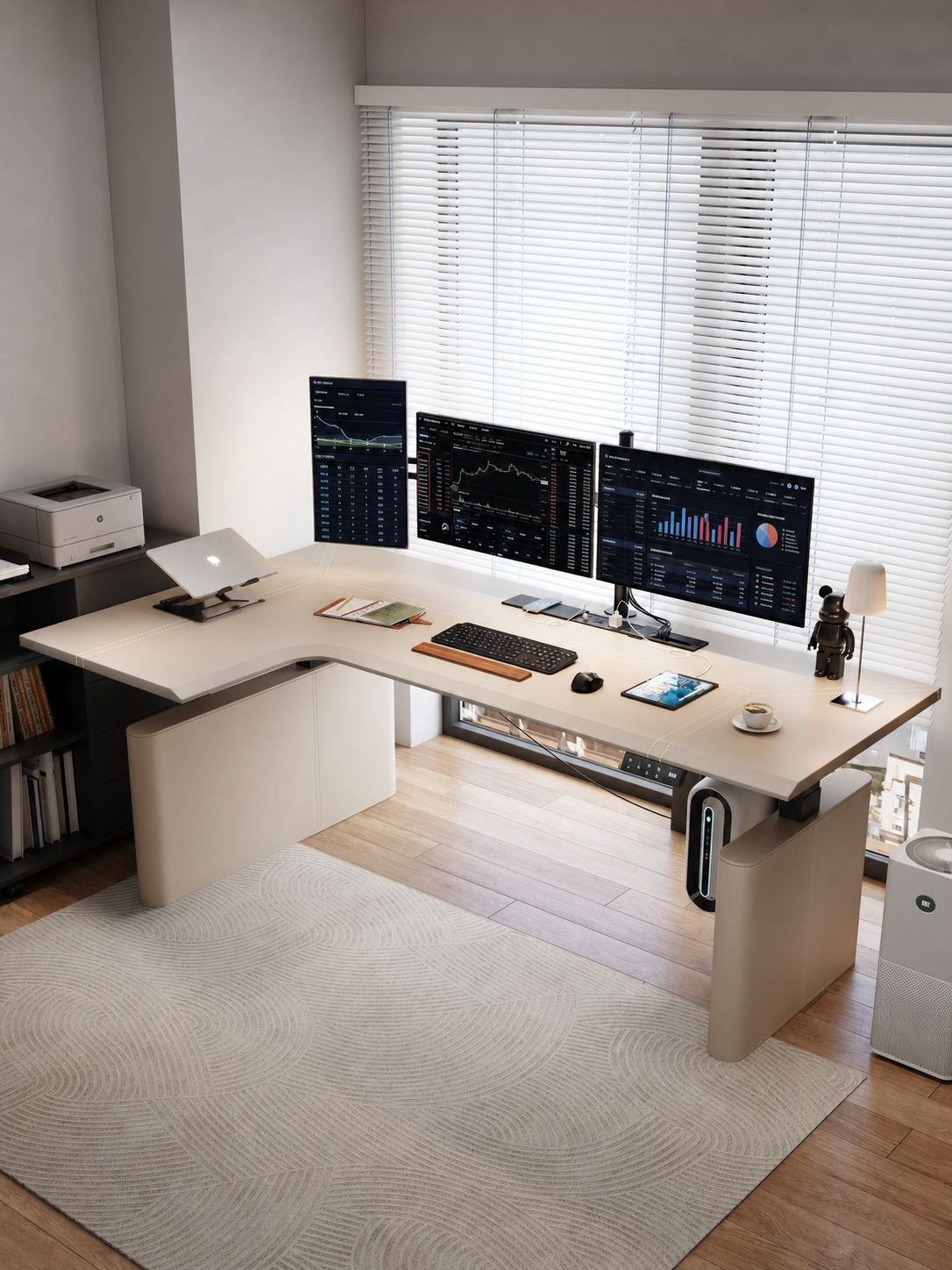 Beige saddle leather corner sit-stand desk in a modern office