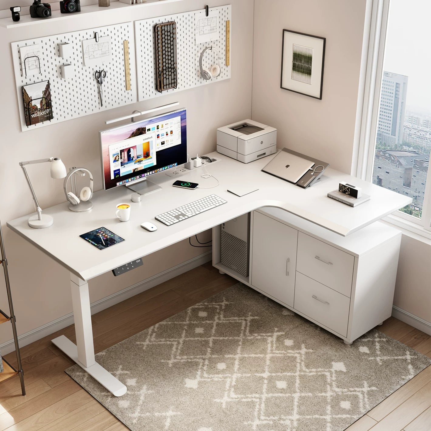 Custom saddle leather L-shaped standing desk with drawer storage