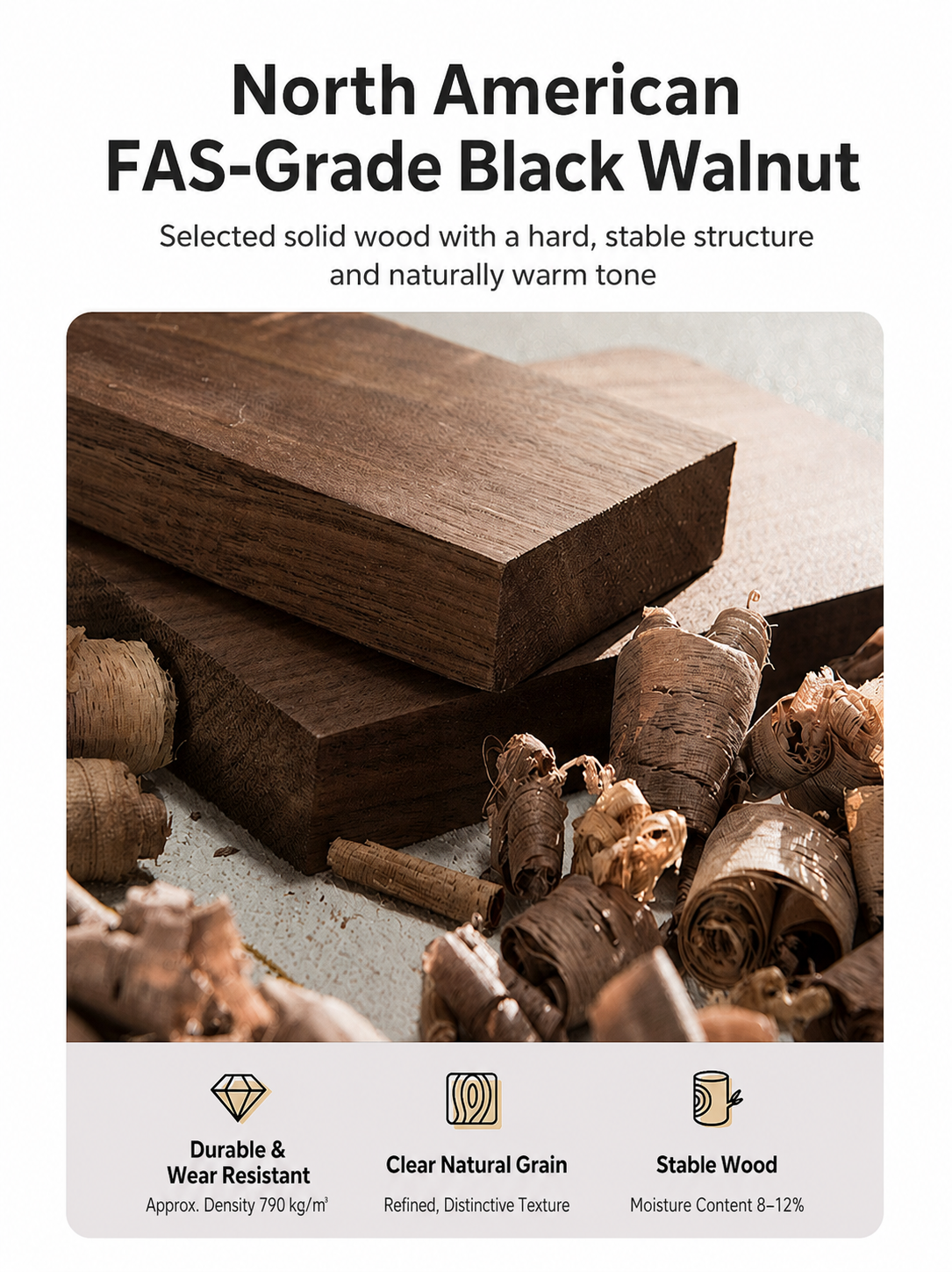 FAS-grade North American black walnut solid wood material details