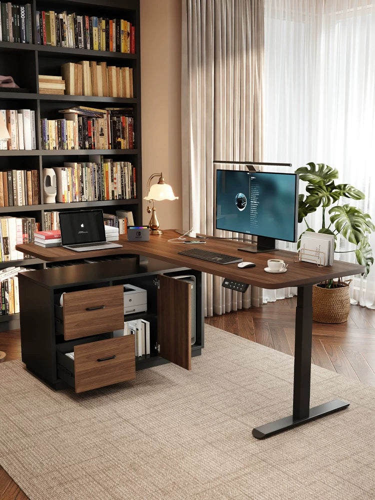 L-shaped electric standing desk with left-return workspace