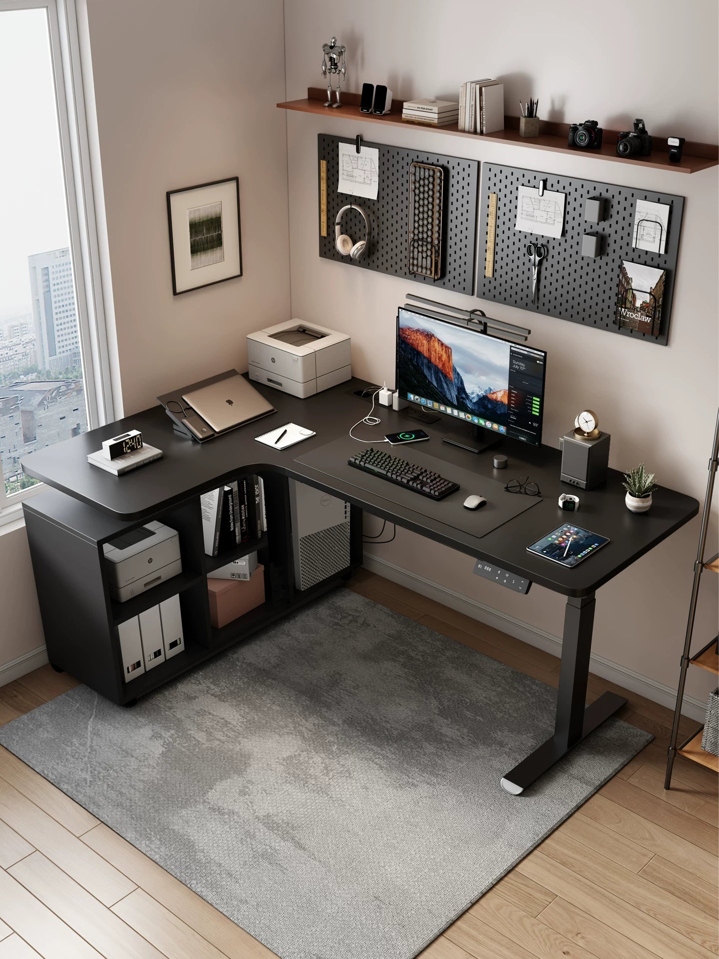 Black solid wood corner sit-stand desk with open storage