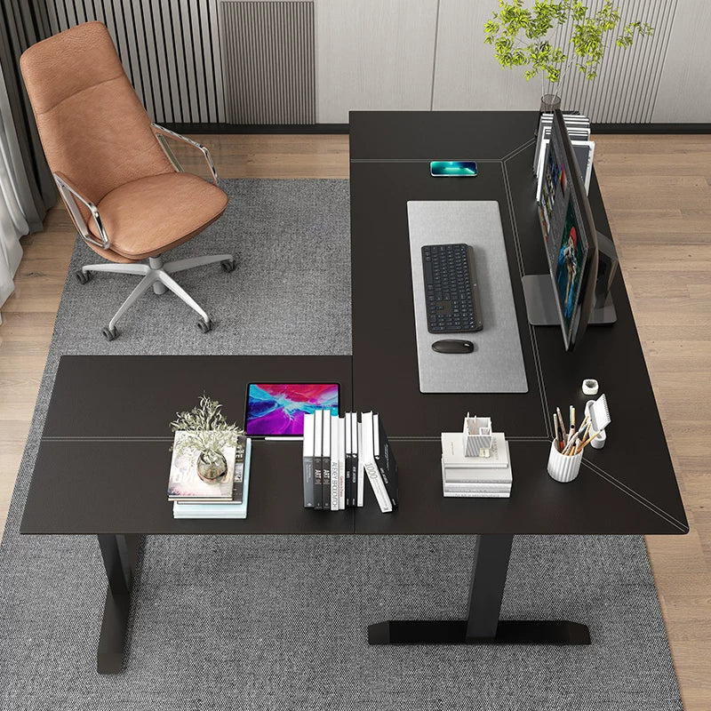 Triple-motor L-shaped standing desk with black steel frame