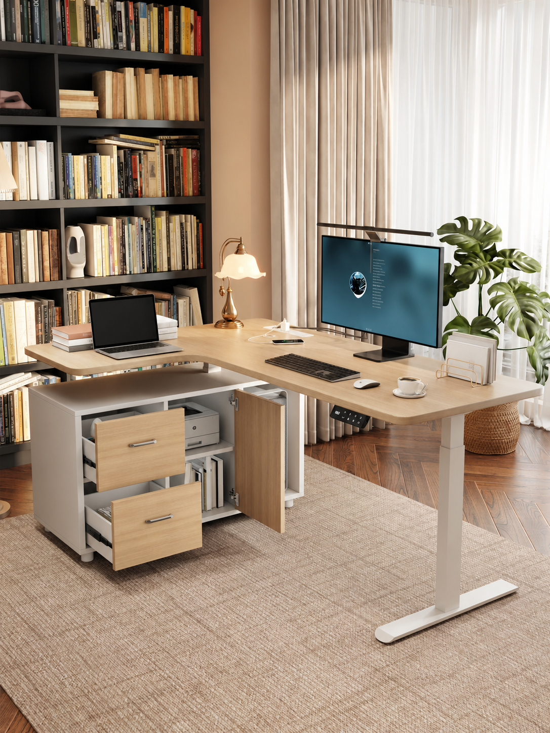 L-shaped electric standing desk configured with a left return