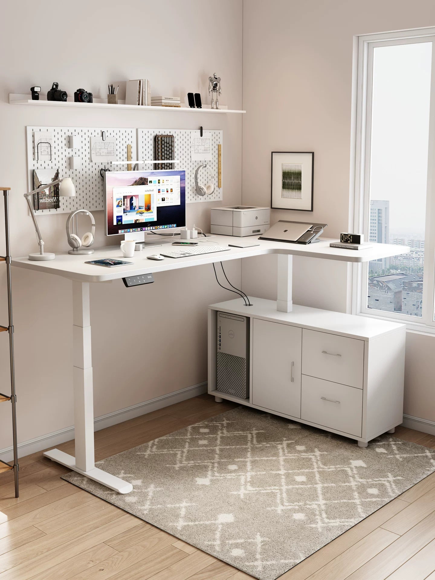 L-shaped electric standing desk configured for a modern home office