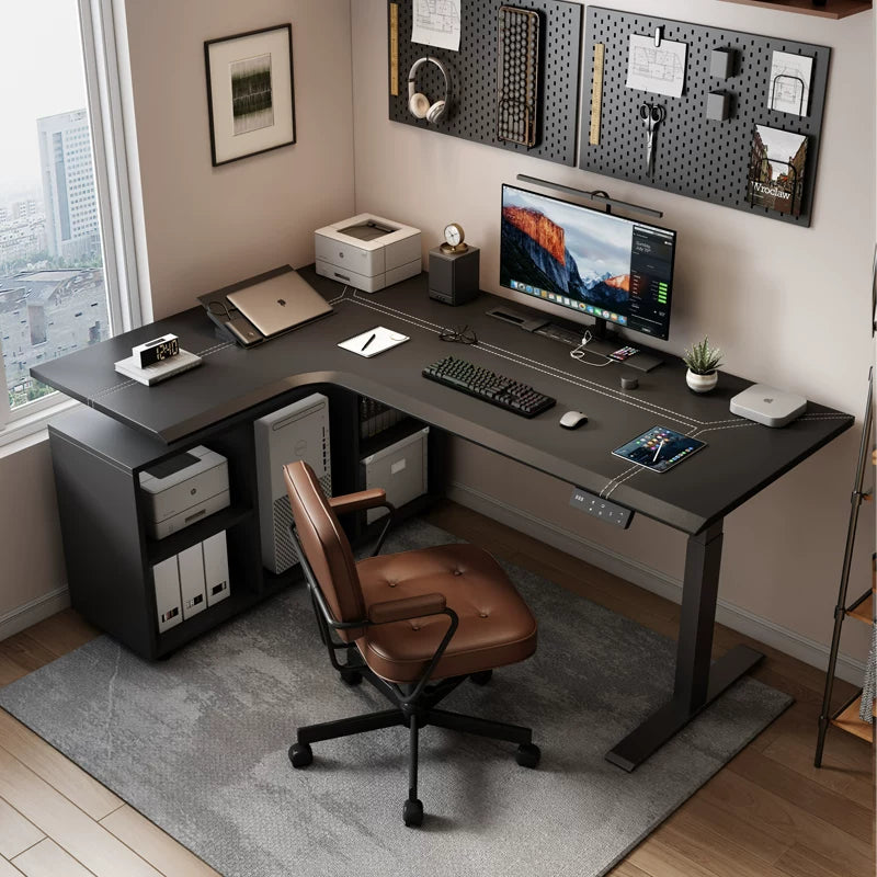 L-shaped electric standing desk with return and ergonomic office setup