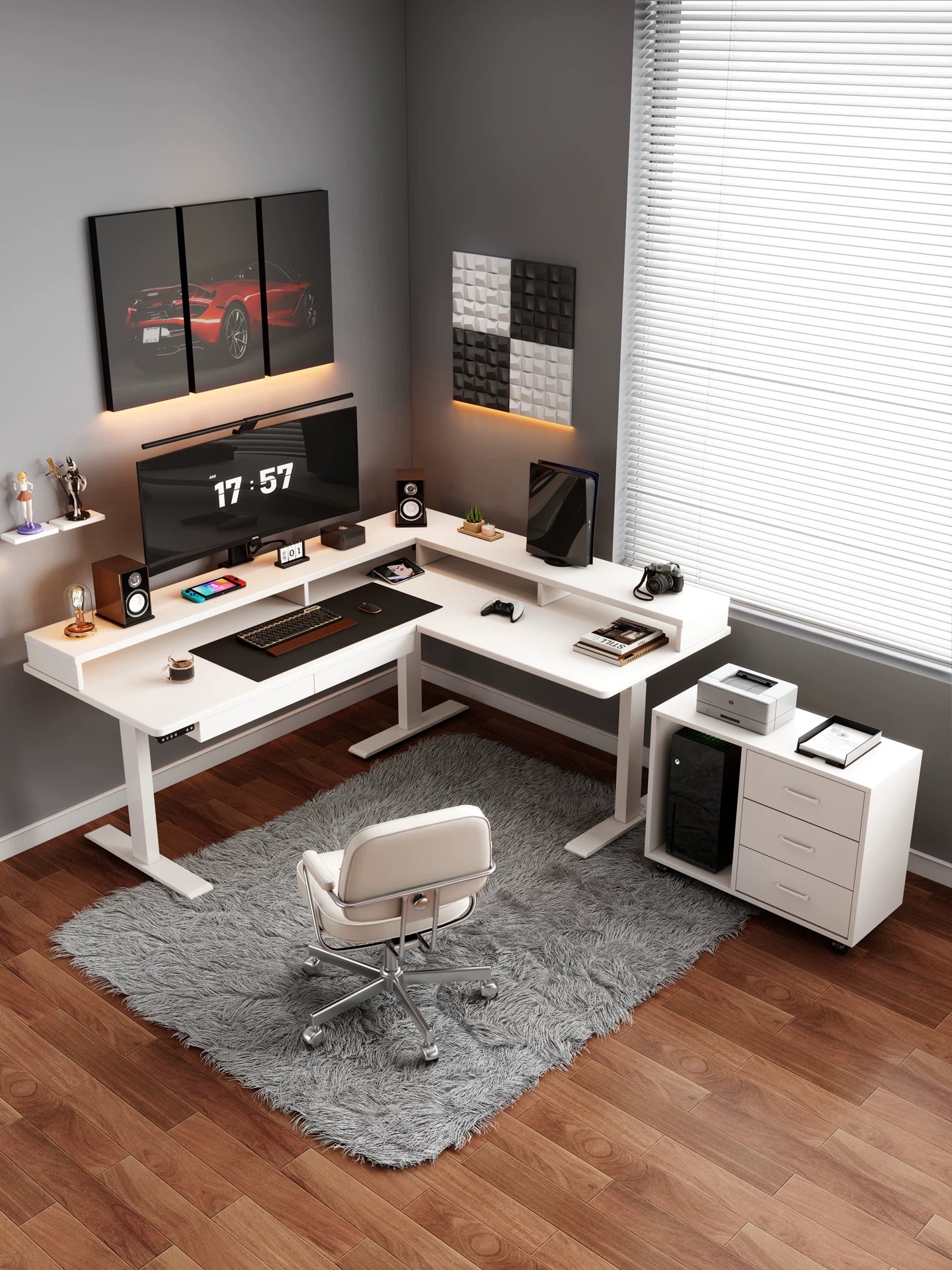 White solid wood triple-motor corner standing desk