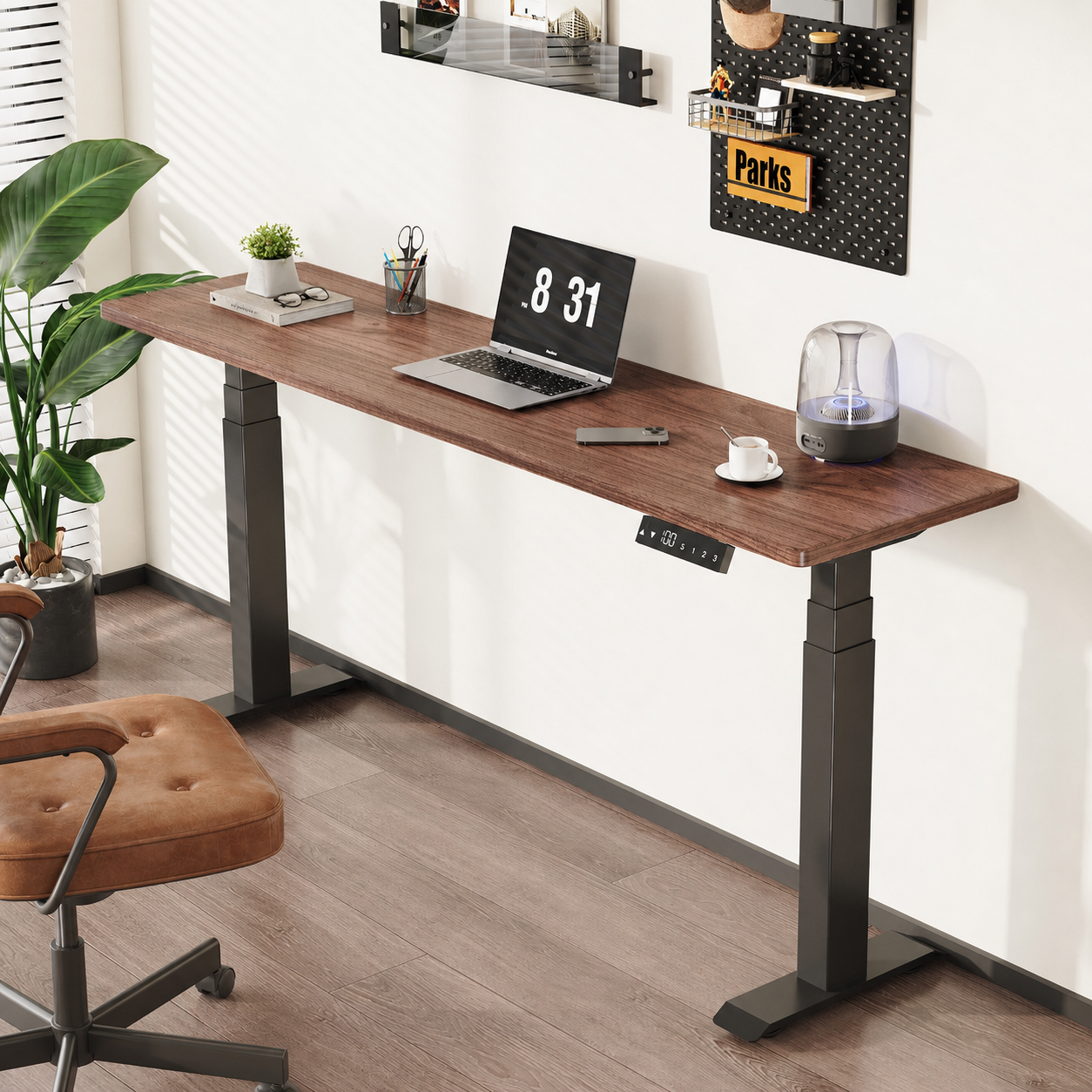 Narrow Solid Wood Dual-Motor Standing Desk in a compact home office