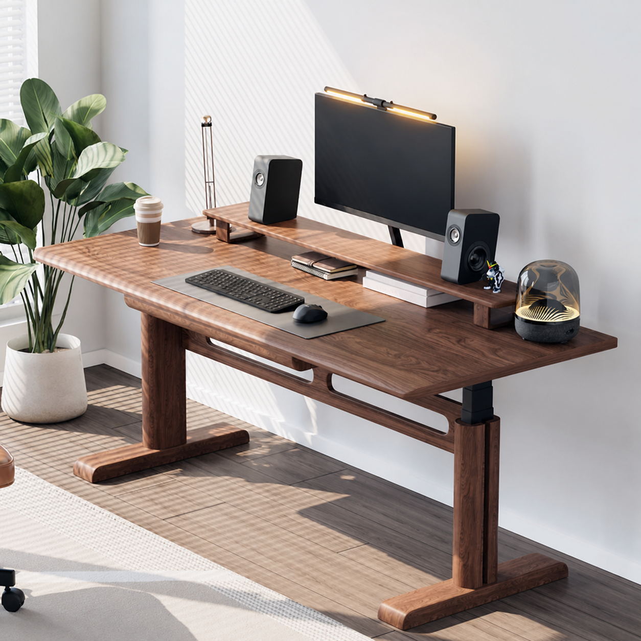 Premium Solid Walnut Wood-Wrapped Dual-Motor Standing Desk three-quarter view