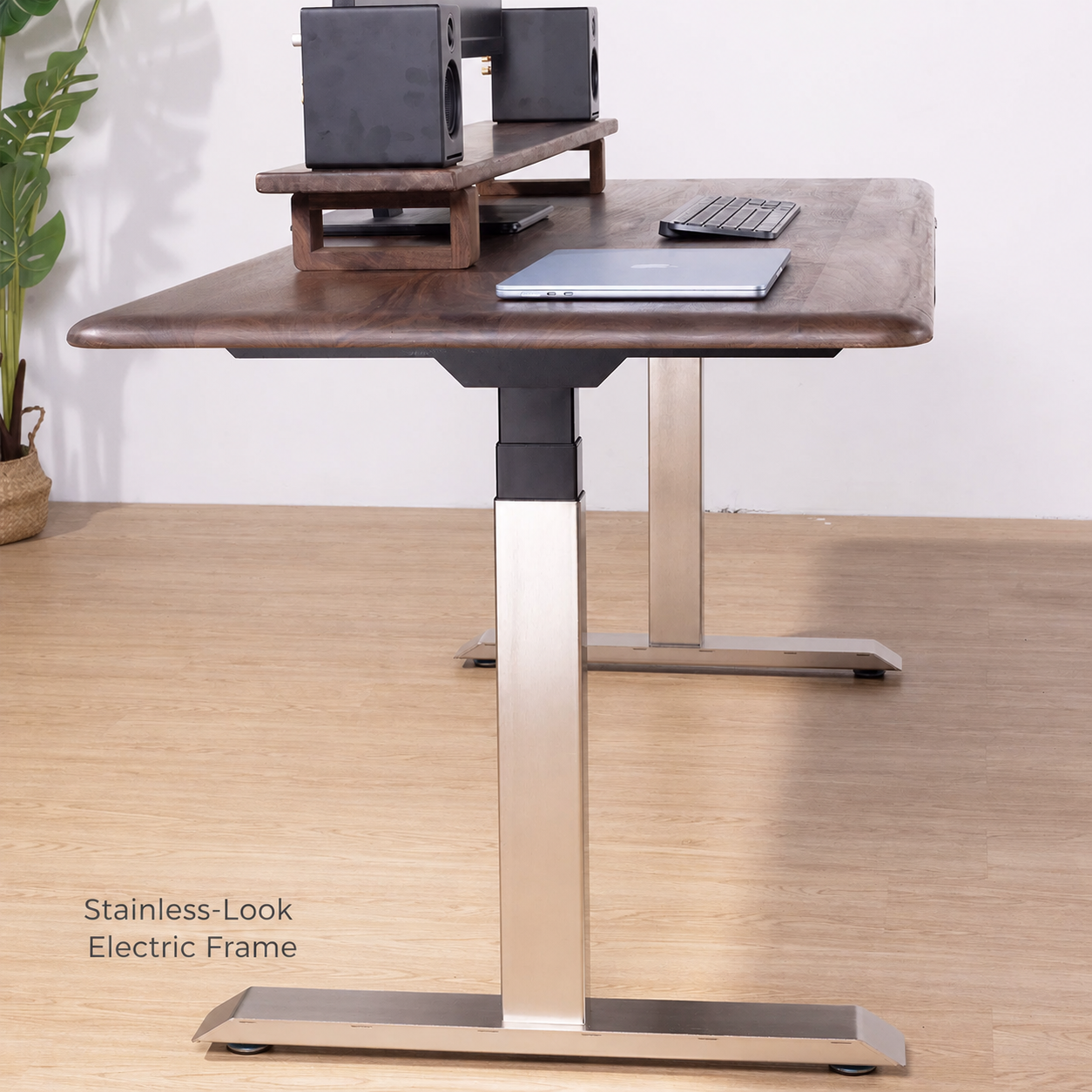 Solid Black Walnut Stainless-Look Electric Standing Desk stainless-look electric frame