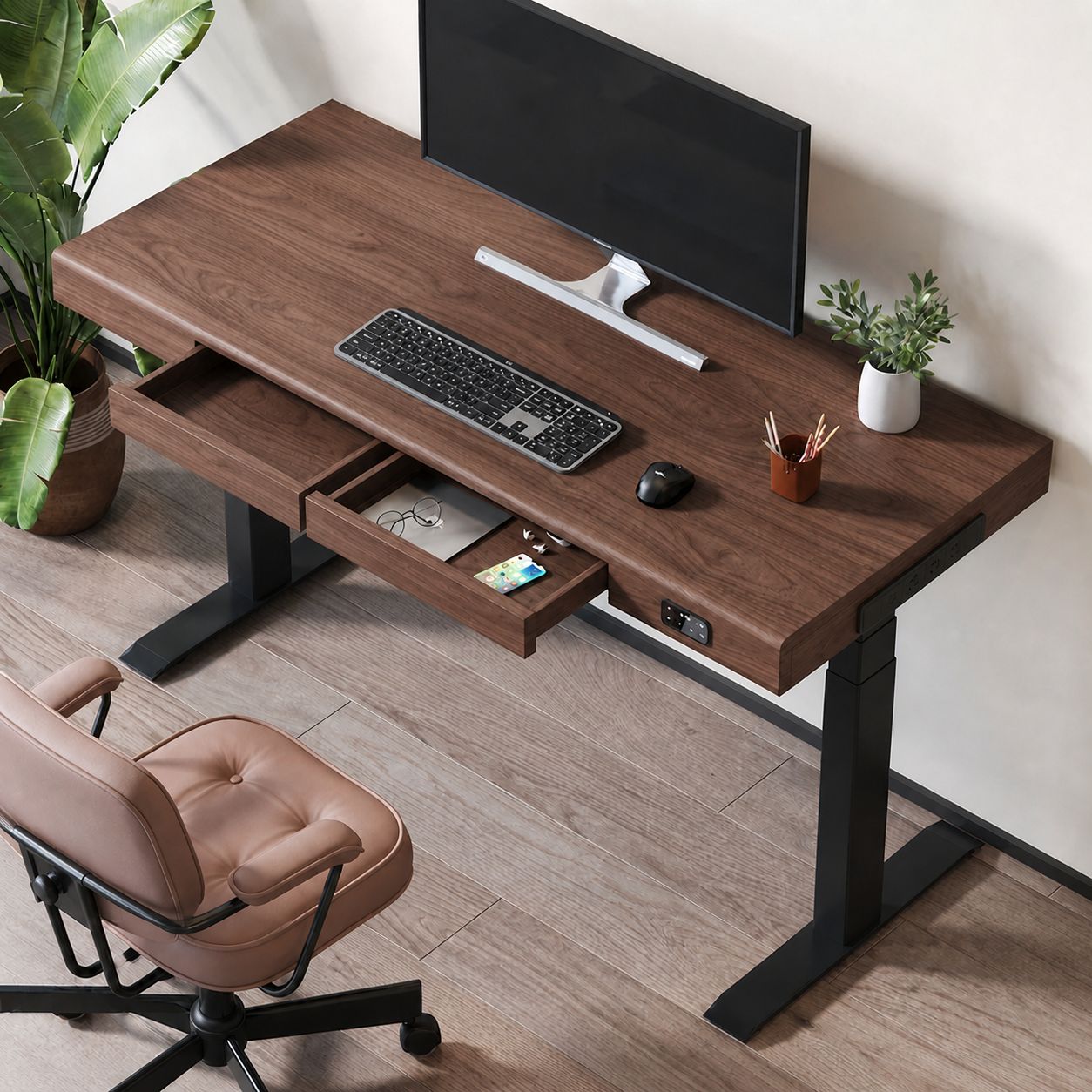 Solid Wood Dual-Motor Standing Desk with Drawers and Side Power integrated drawer storage