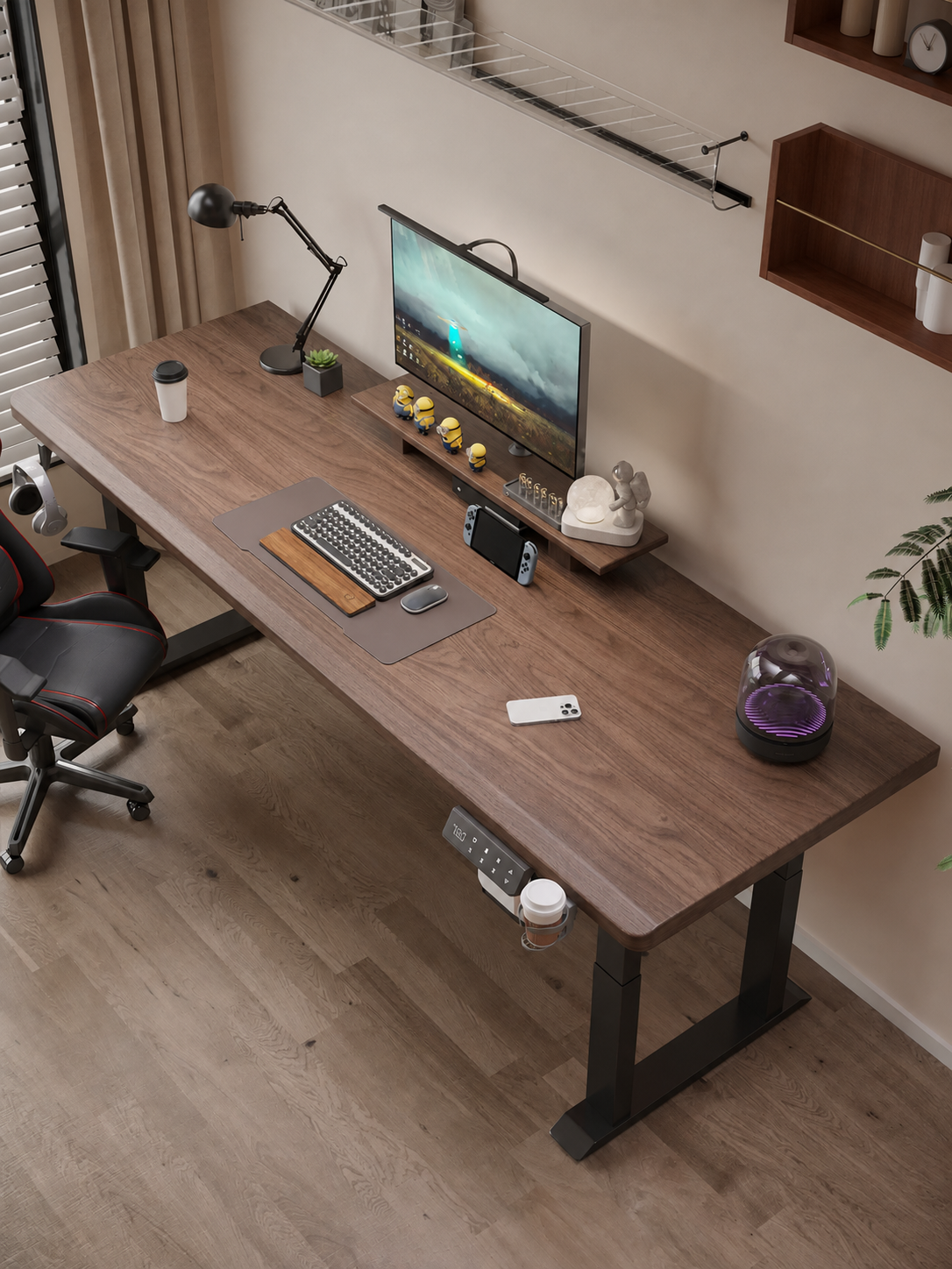 Four-leg electric standing desk workspace view