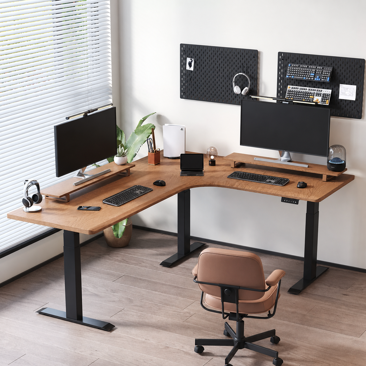 Triple-motor L-shaped standing desk for an executive office