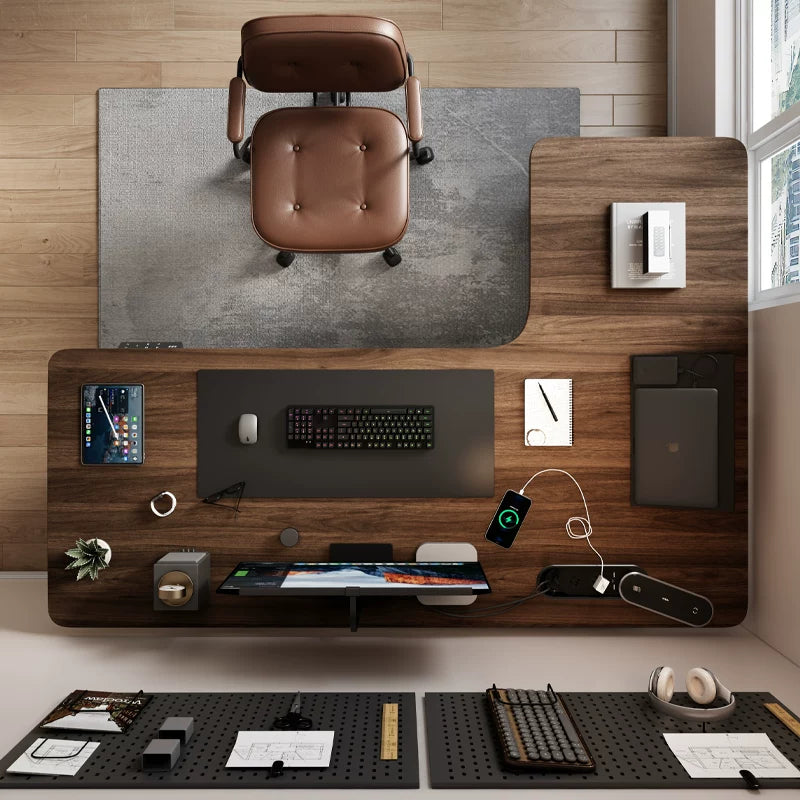 Corner electric standing desk with solid wood desktop and storage