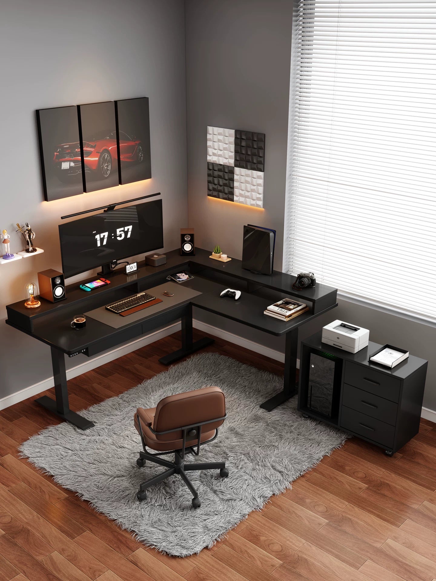 Black solid wood extra-wide L-shaped standing desk