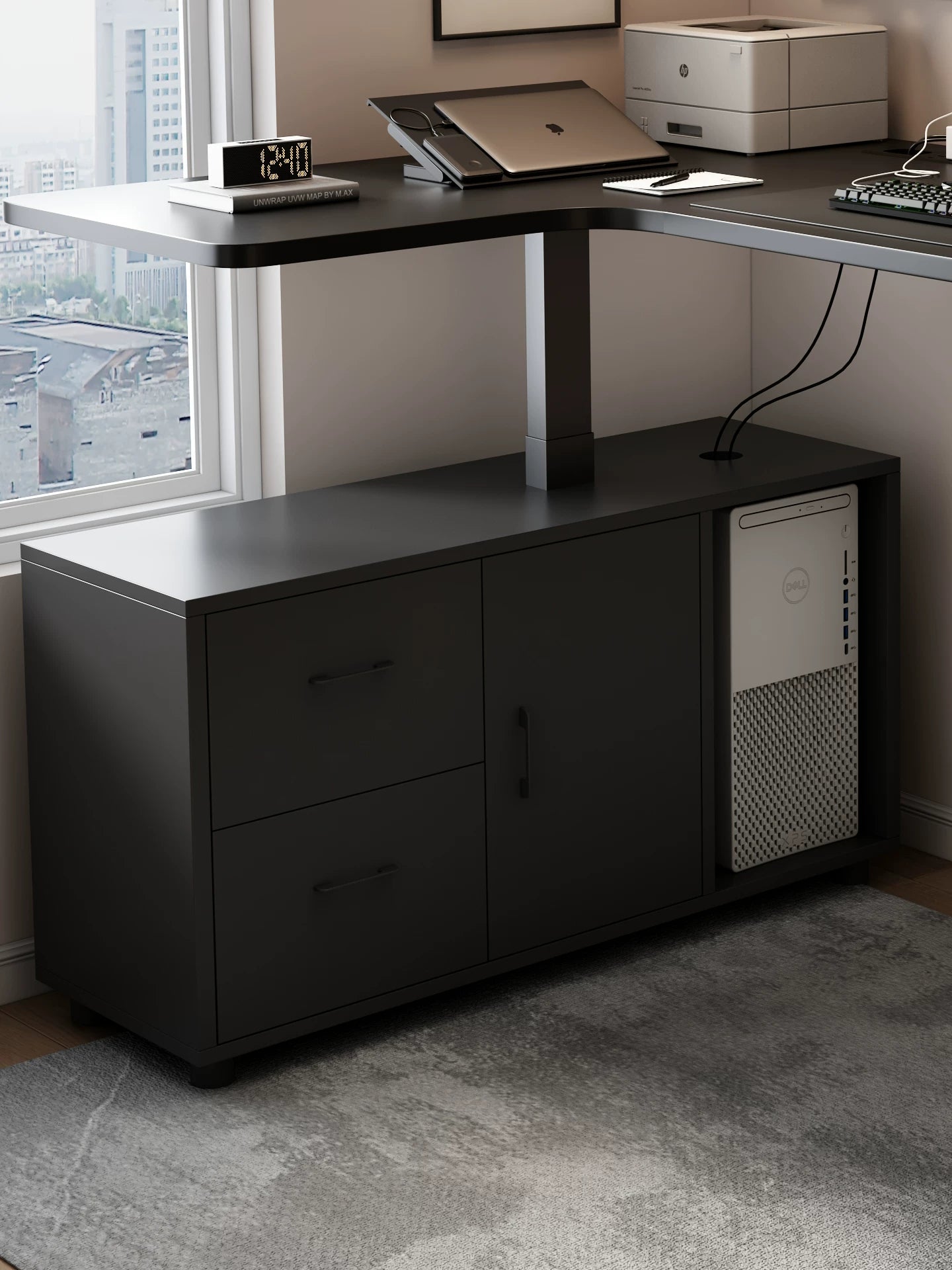 Height-adjustable desktop above a solid wood storage cabinet