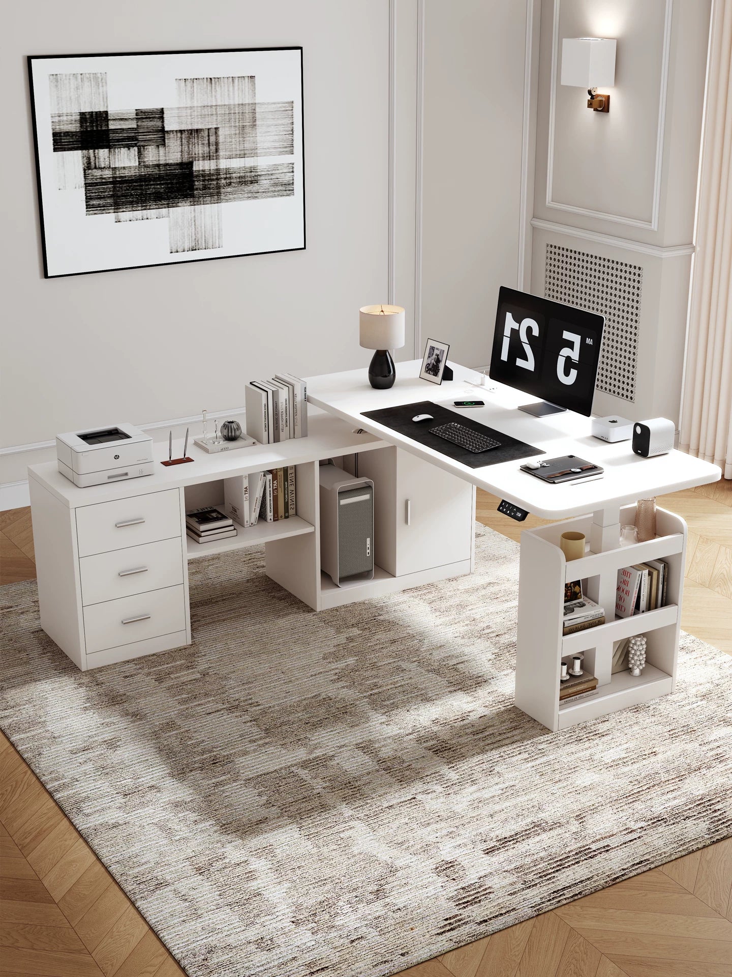 White corner sit-stand desk with wraparound storage