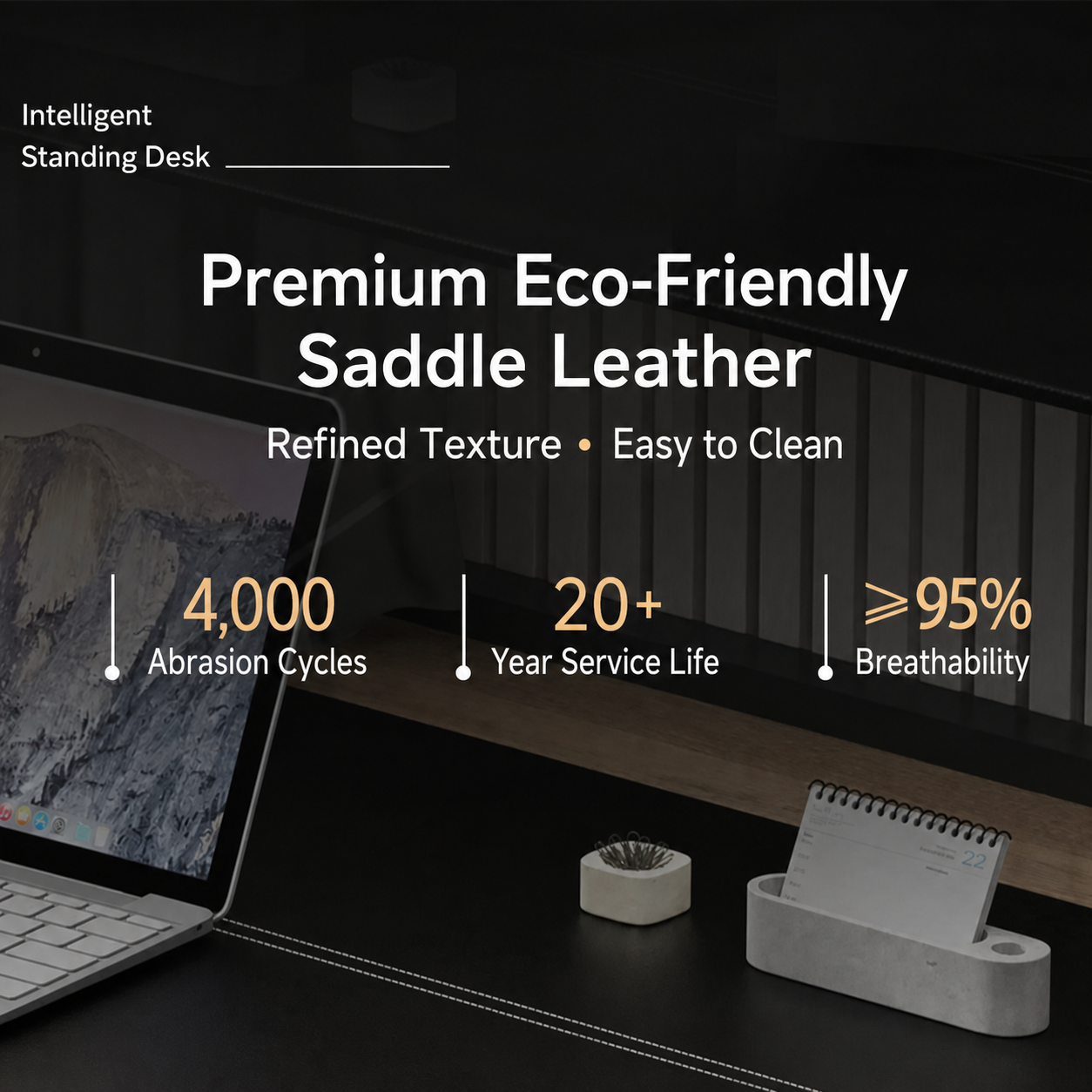 L-shaped standing desk features and workspace dimensions in English