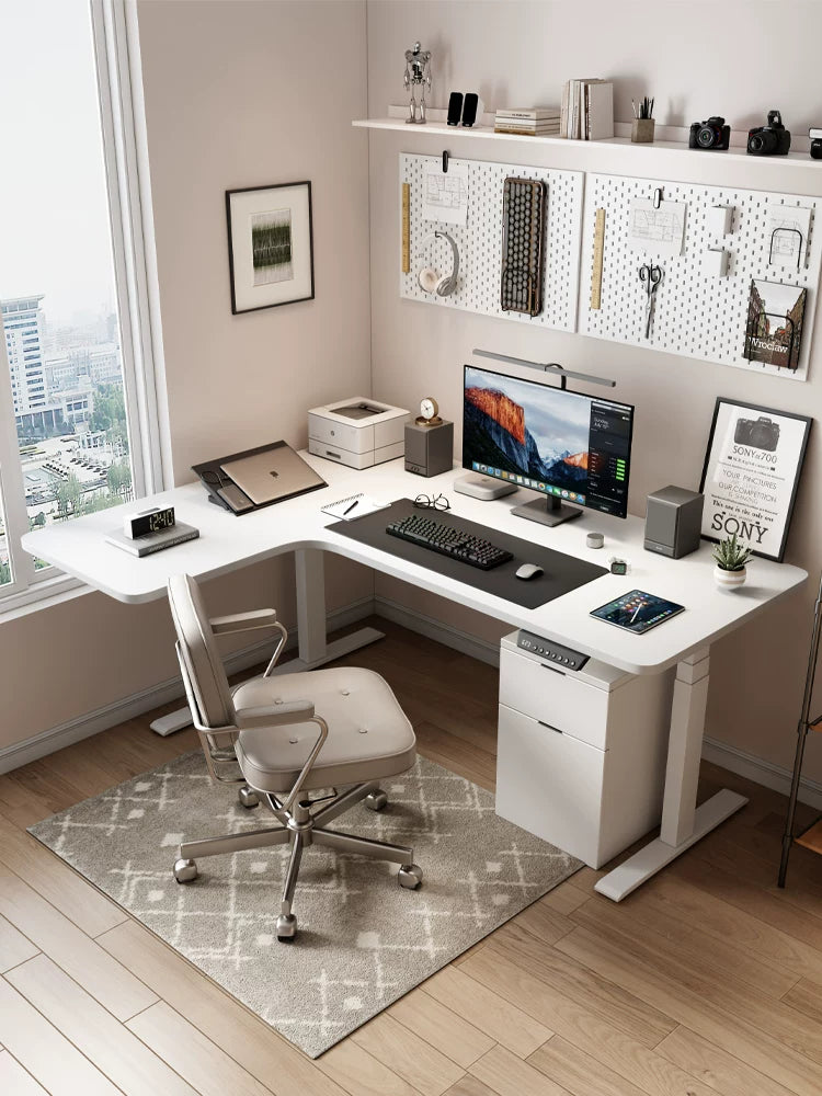 Modern L-shaped electric standing desk workstation