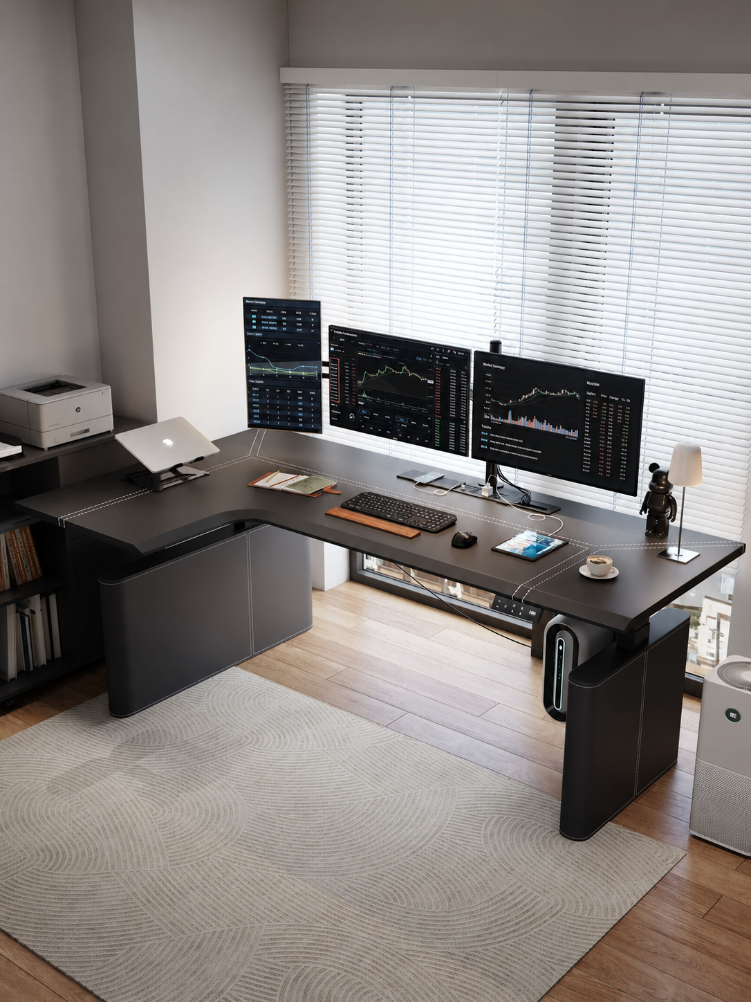 Black saddle leather L-shaped electric standing desk with privacy panel