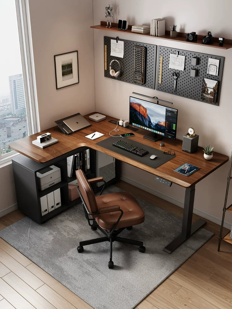 Solid wood L-shaped electric standing desk with storage cabinet
