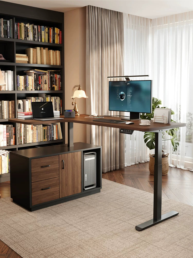 L-shaped electric standing desk with right-return workspace