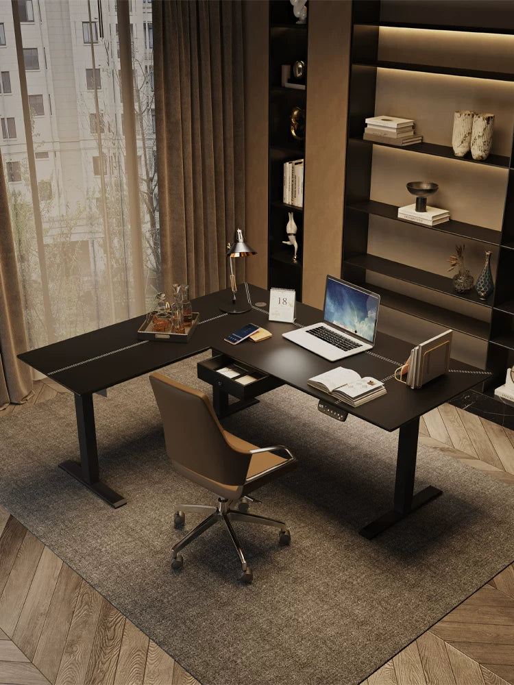 Triple-motor L-shaped standing desk with black saddle leather work surface