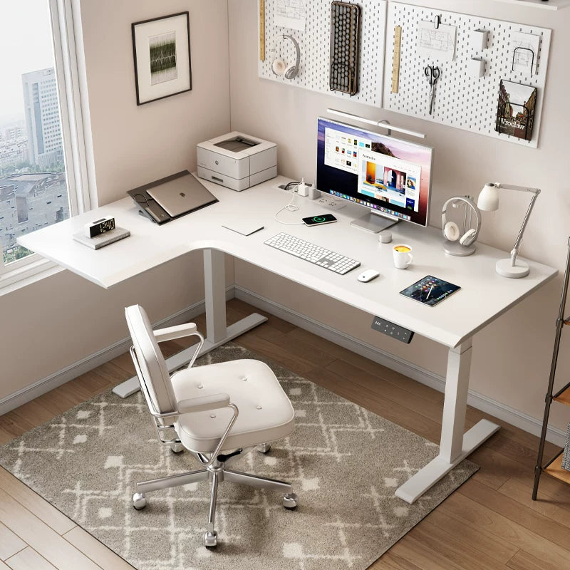 White saddle leather L-shaped electric standing desk