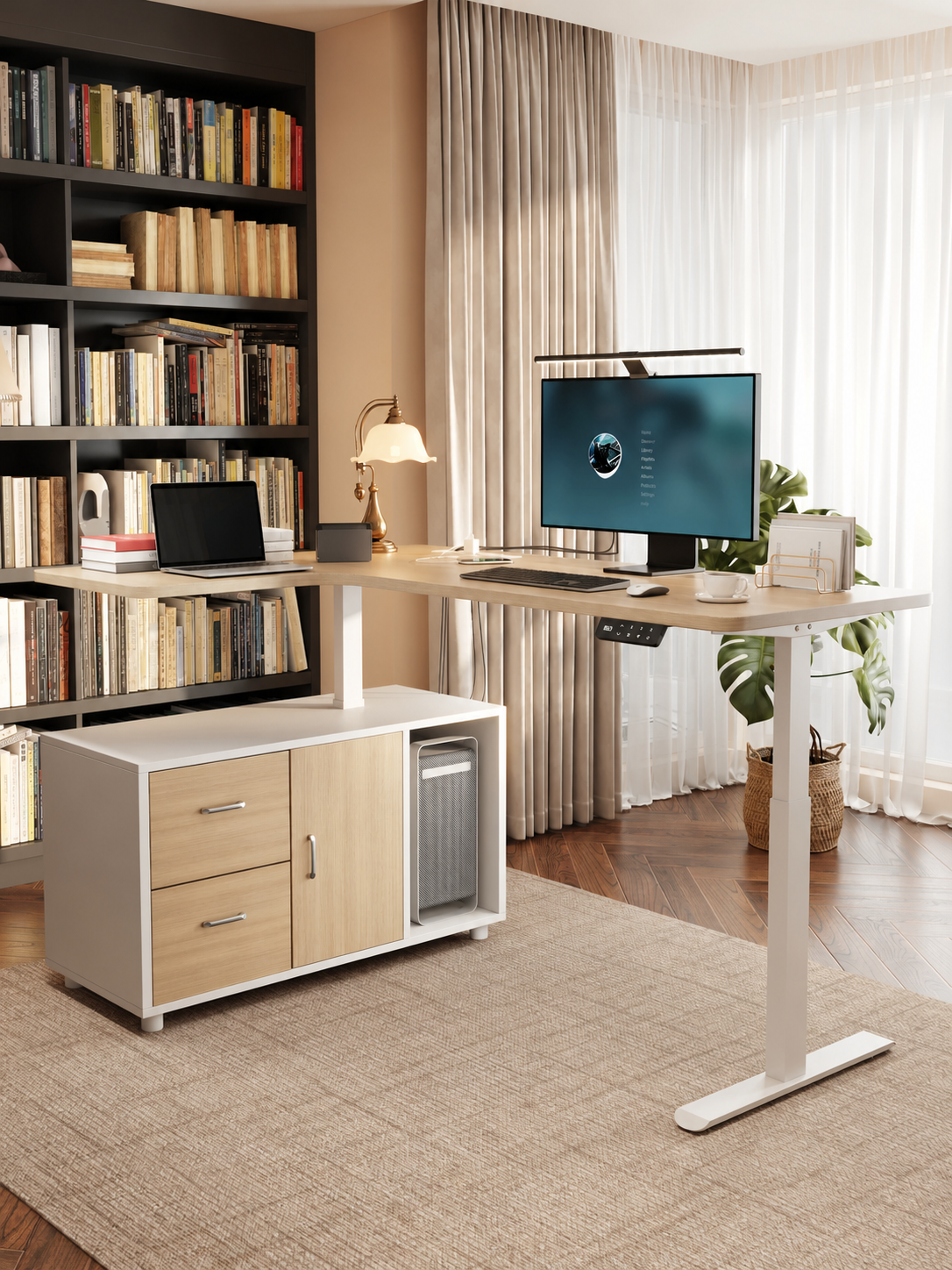 Solid wood corner standing desk with integrated storage