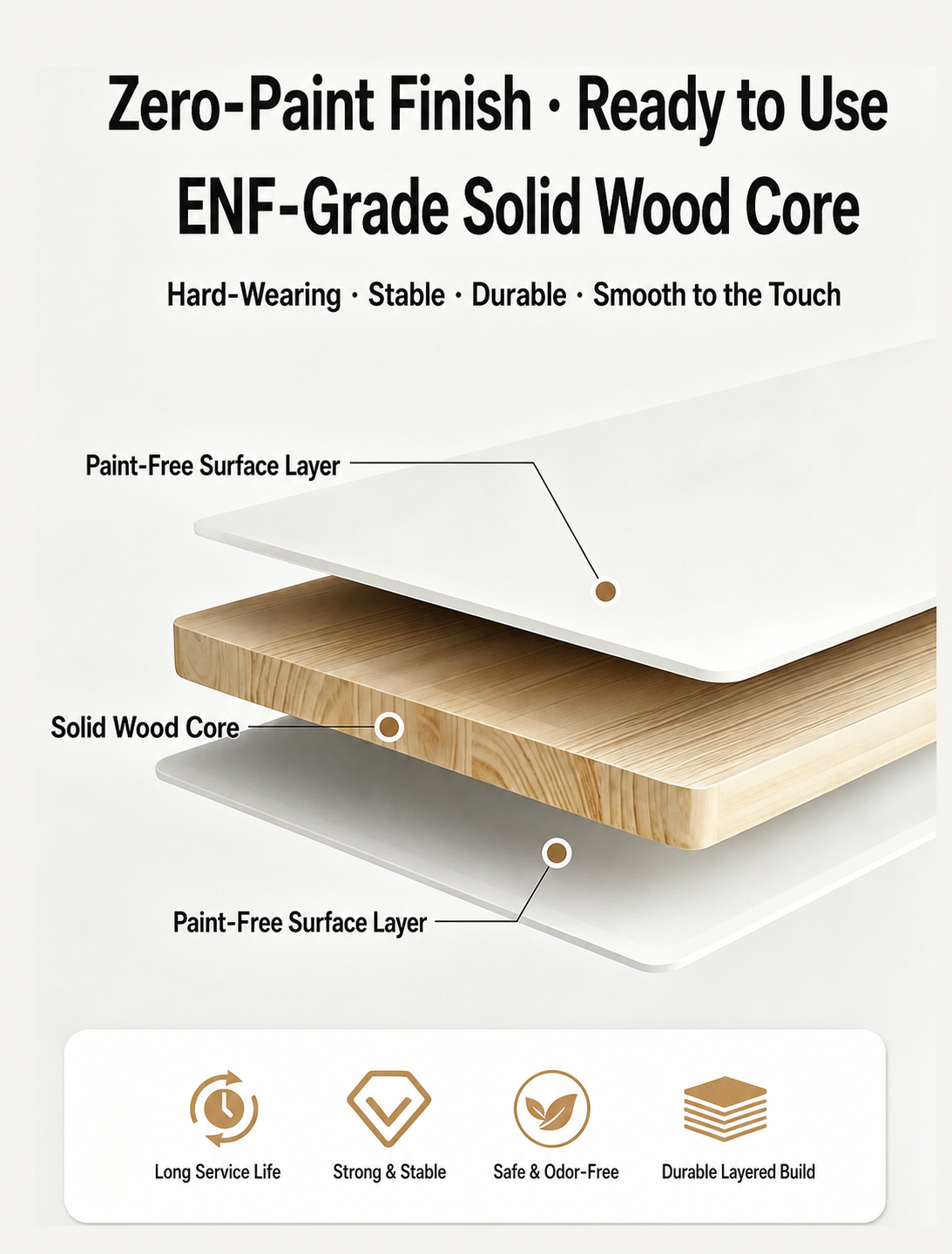 ENF-grade solid wood desktop core and paint-free surface layers
