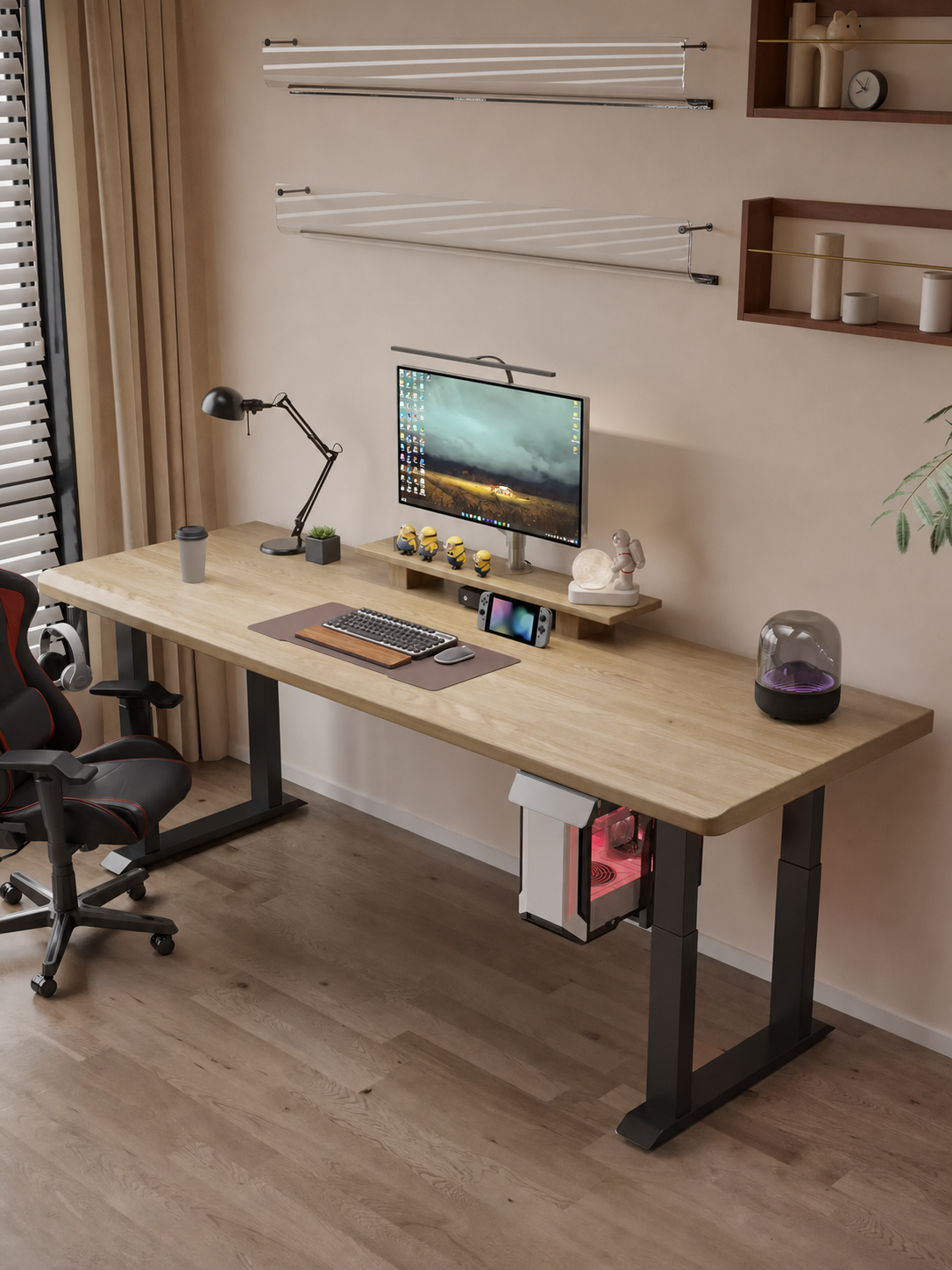 Solid wood standing desk shown from an alternate angle