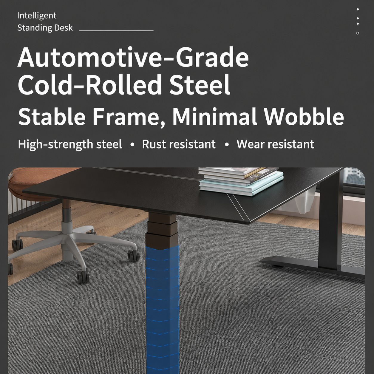 Triple-motor standing desk controls and safety features in English