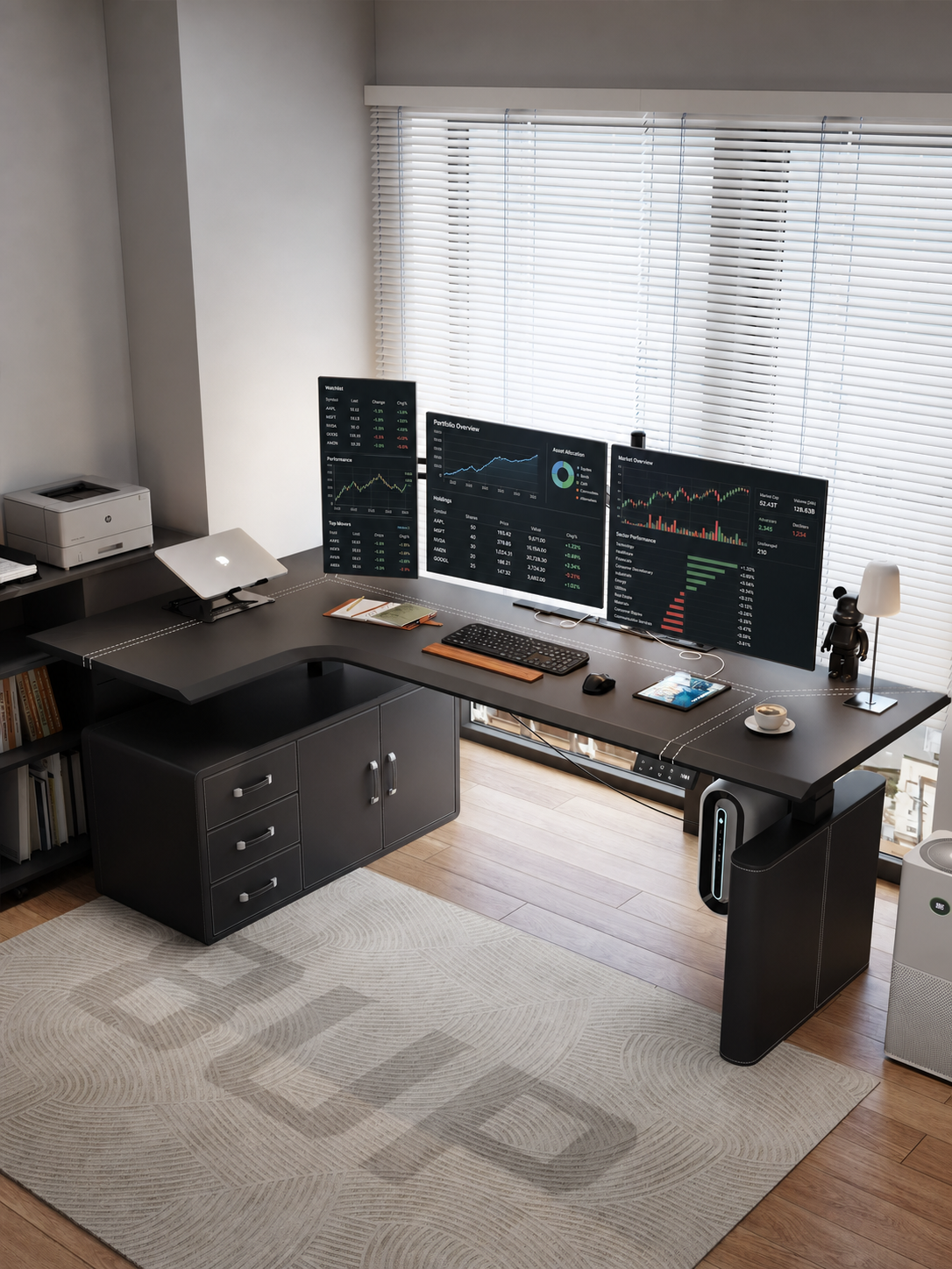 Black saddle leather corner standing desk with drawer storage
